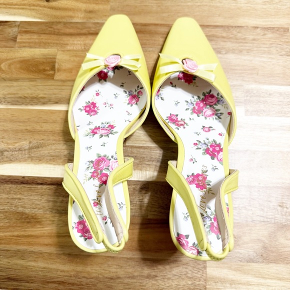 For Love & Lemons Suzette Heel Yellow & Pink Floral Rosette Slingback Shoes - Picture 9 of 13